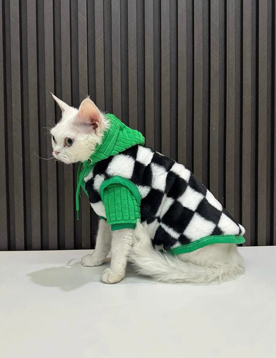 Sphynx Hairless Cats Green Hoodies and Black White Vest, Winter Patchwork Plaid Fleece Warm Kitten Sweater for Bambino Devon Rex Sphynx Cat